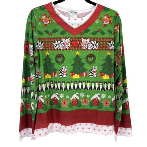 Faux Real Cat Lover Snowman Photo Ugly Christmas Print Shirt Womens Sz Large